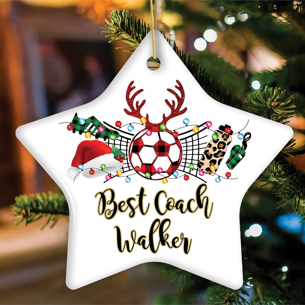 Personalized Soccer Buffalo Plaid Leopard Merry Christmas Ornament, Team and Coaches Gift Ceramic Ornament OrnamentallyYou Star 