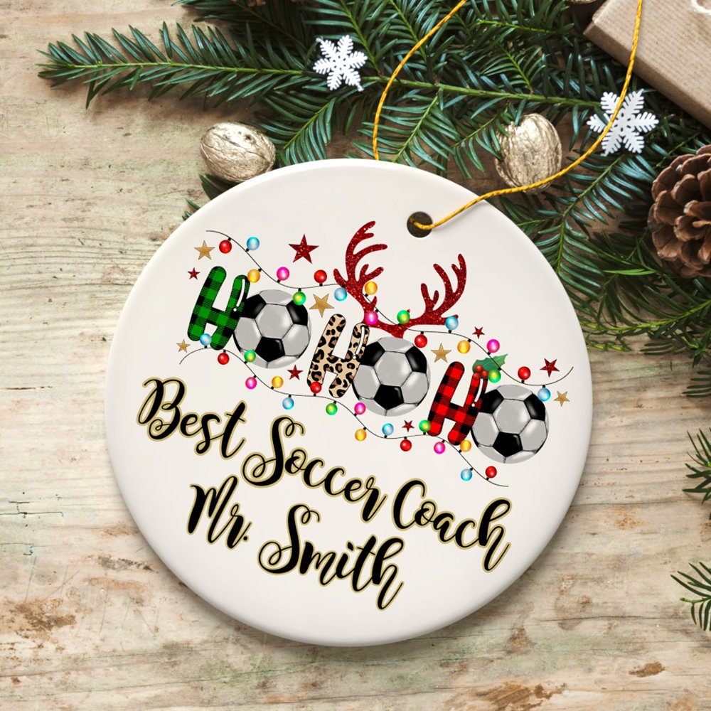 Personalized Soccer Buffalo Plaid and Leopard Christmas Ornament, Ho Ho Ho Football Gift Ceramic Ornament OrnamentallyYou Circle 