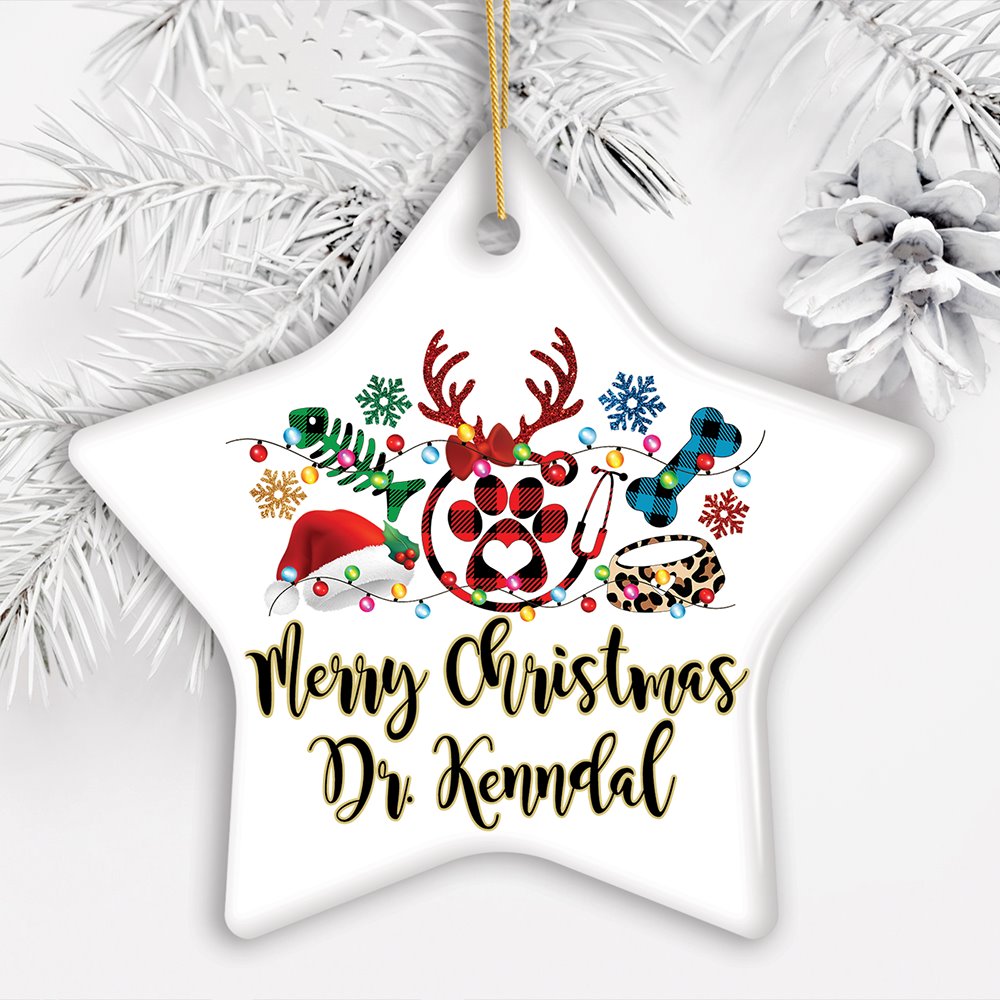 Personalized Veterinarian Buffalo Plaid Leopard Merry Christmas Ornament, Vet Gift Ceramic Ornament OrnamentallyYou Star 