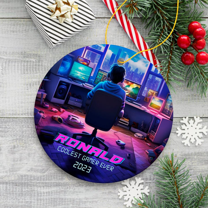 Personalized Video Gamer Christmas Tree Ornament, Gaming Boy Gift Ceramic Ornament OrnamentallyYou Circle 