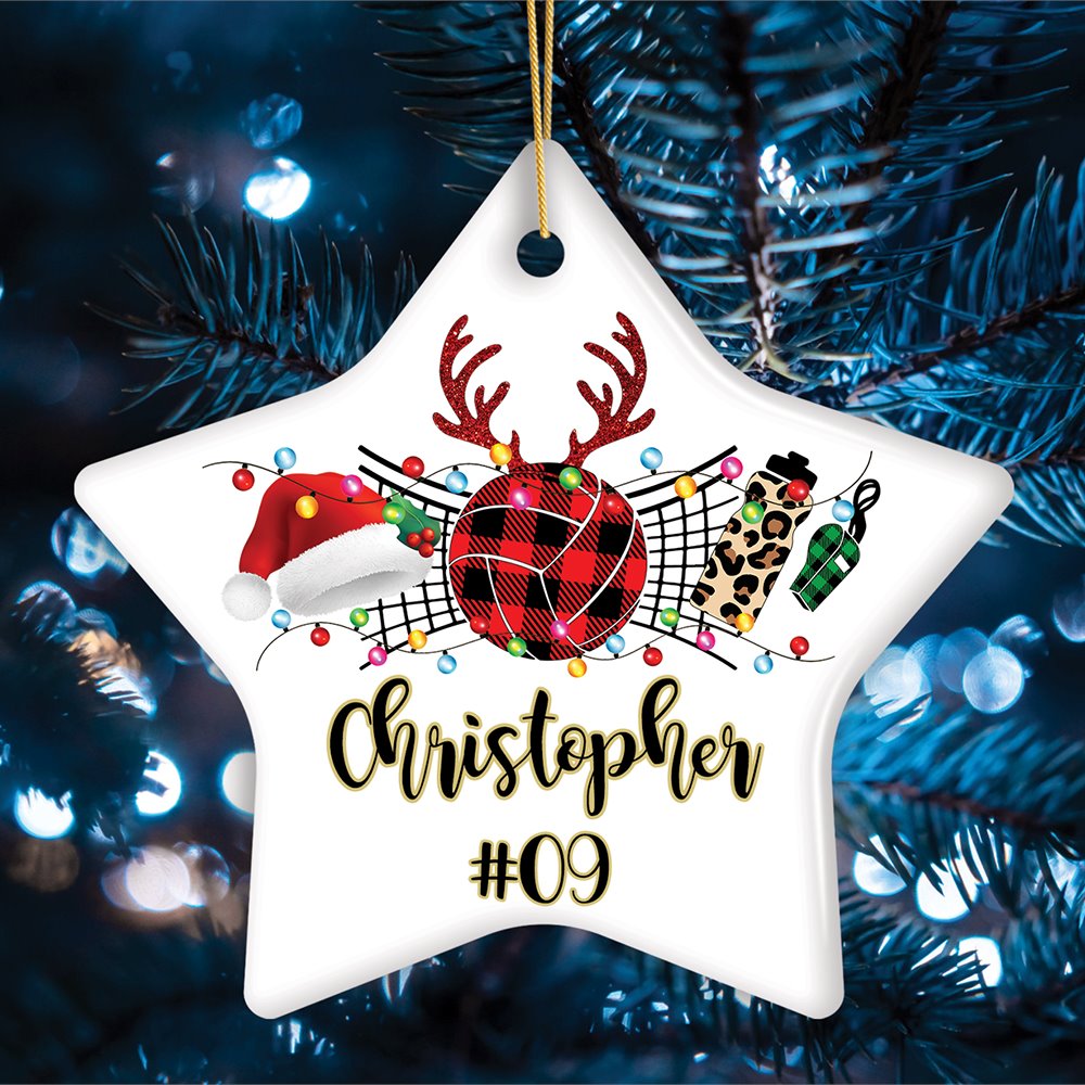Personalized Volleyball Buffalo Plaid Leopard Merry Christmas Ornament, Team and Coaches Gift Ceramic Ornament OrnamentallyYou Star 