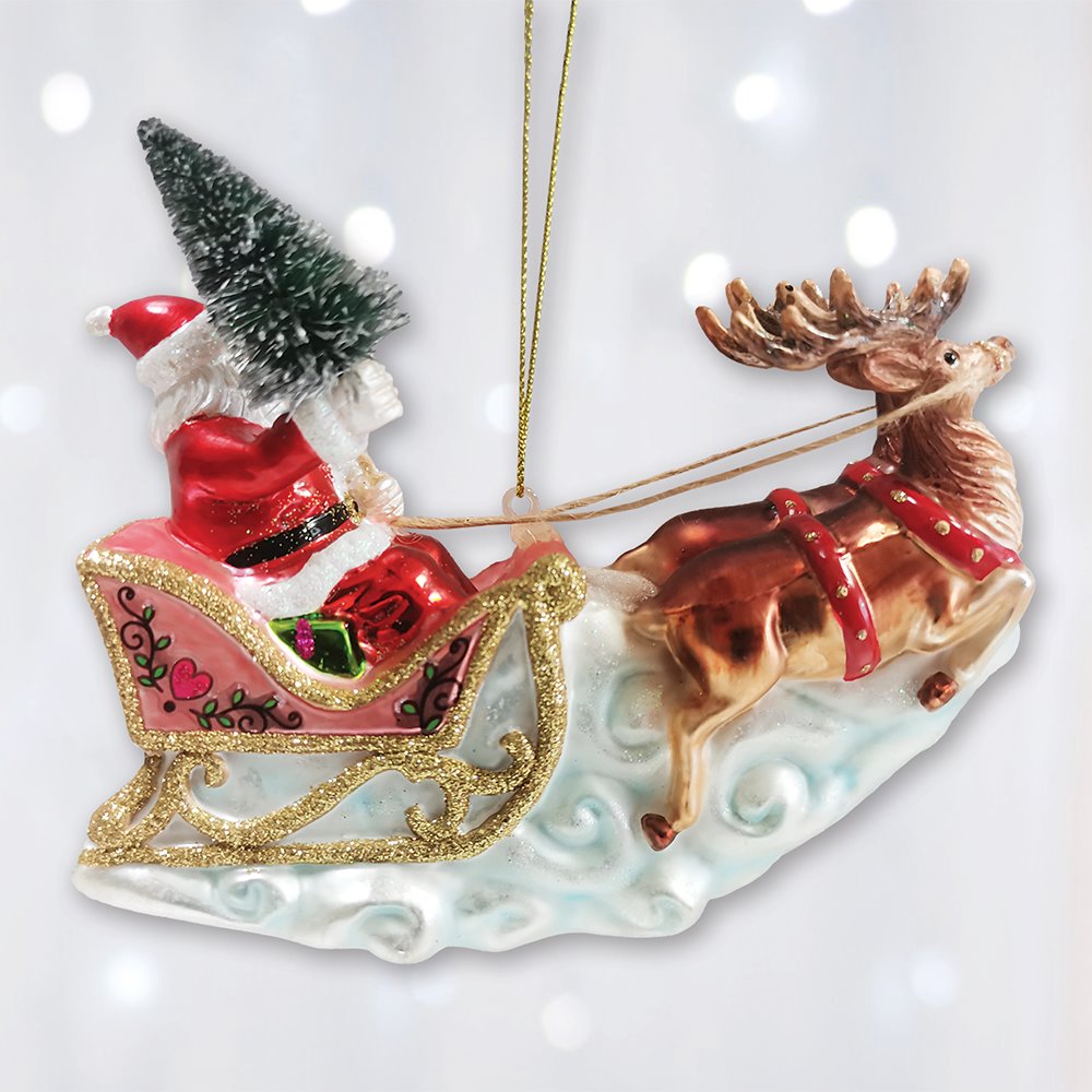 Santa Sleigh and Reindeer Elegant Christmas Ornament, Holiday Blown Glass Figurine Glass Ornament OrnamentallyYou 