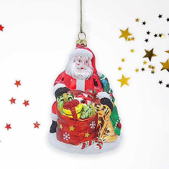 Santa with Dog and Giant Gift Bag Glass Christmas Ornament Glass Ornament OrnamentallyYou 
