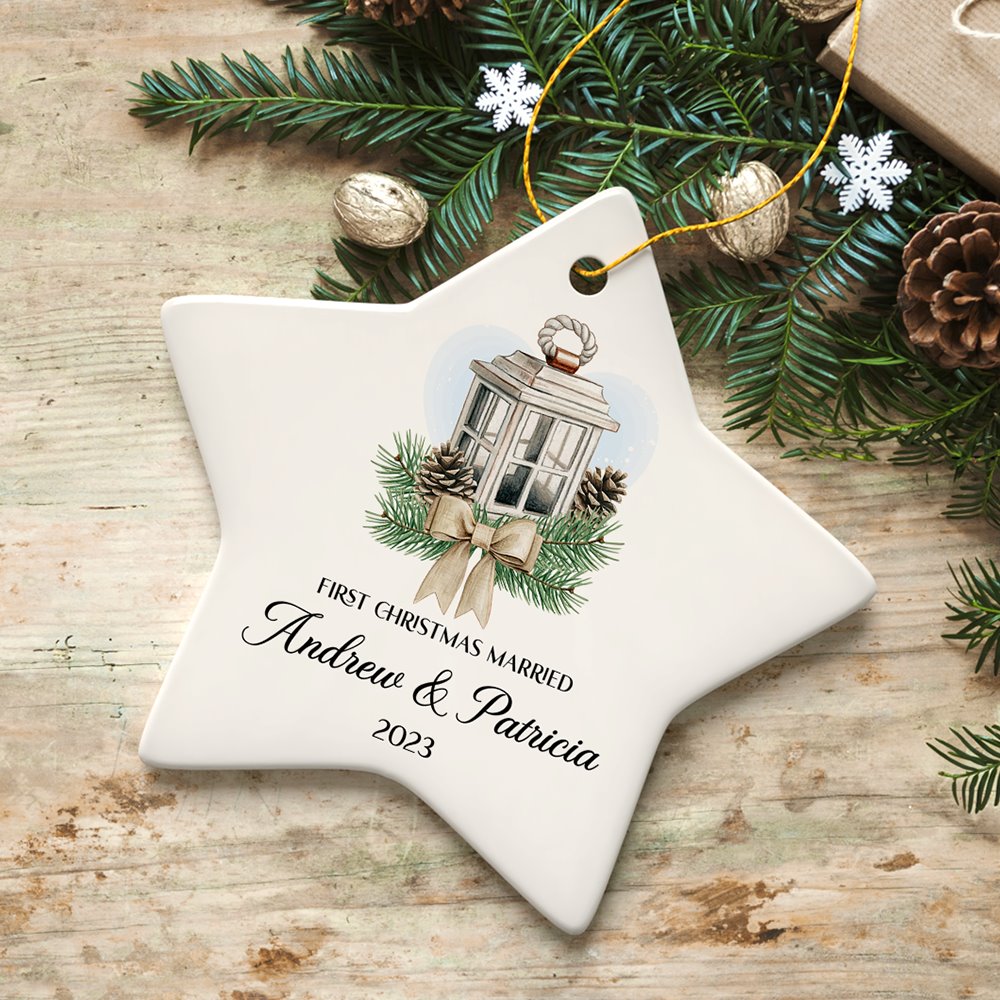 Simply Elegant Engaged or Married First Christmas Personalized Ornament, Newlyweds or Marriage Proposal Gift Ceramic Ornament OrnamentallyYou Star 