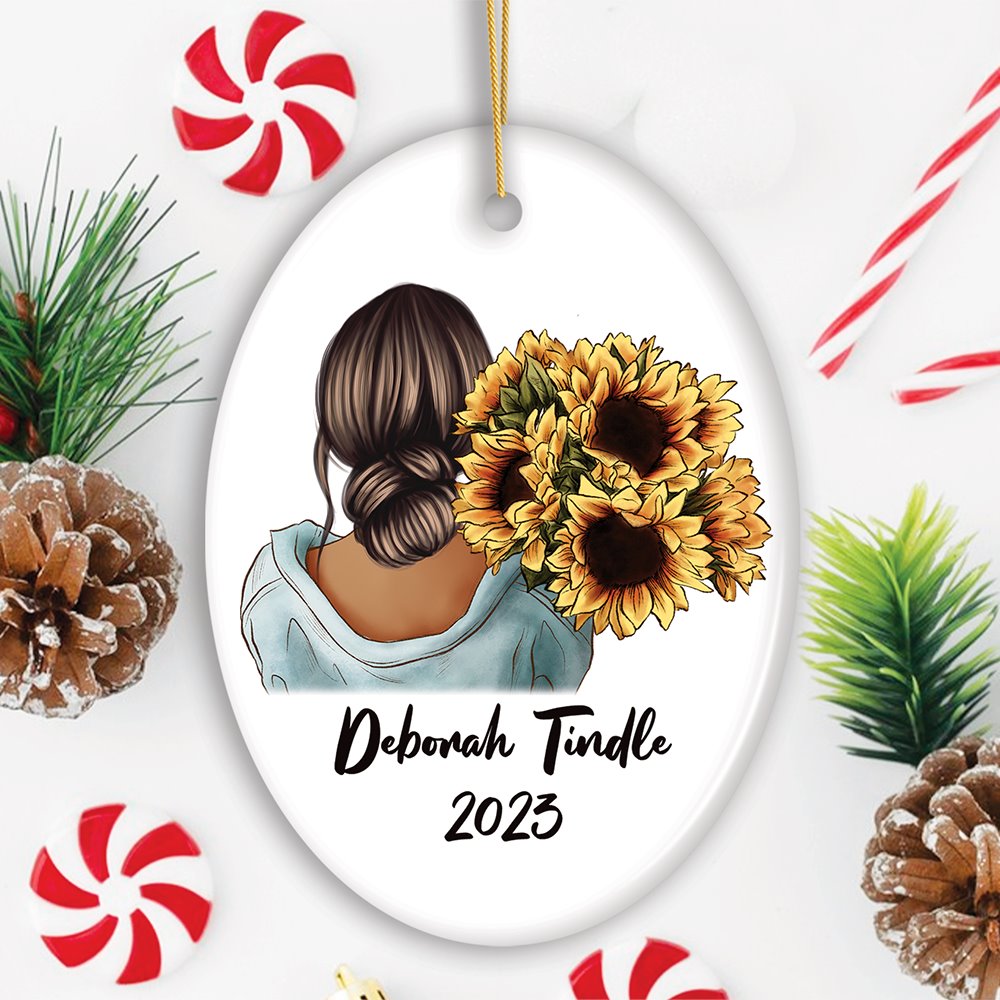 Small Town Girl with Sunflowers Personalized Ornament Gift, Farmhouse Christmas Tree Decor Ceramic Ornament OrnamentallyYou Oval 