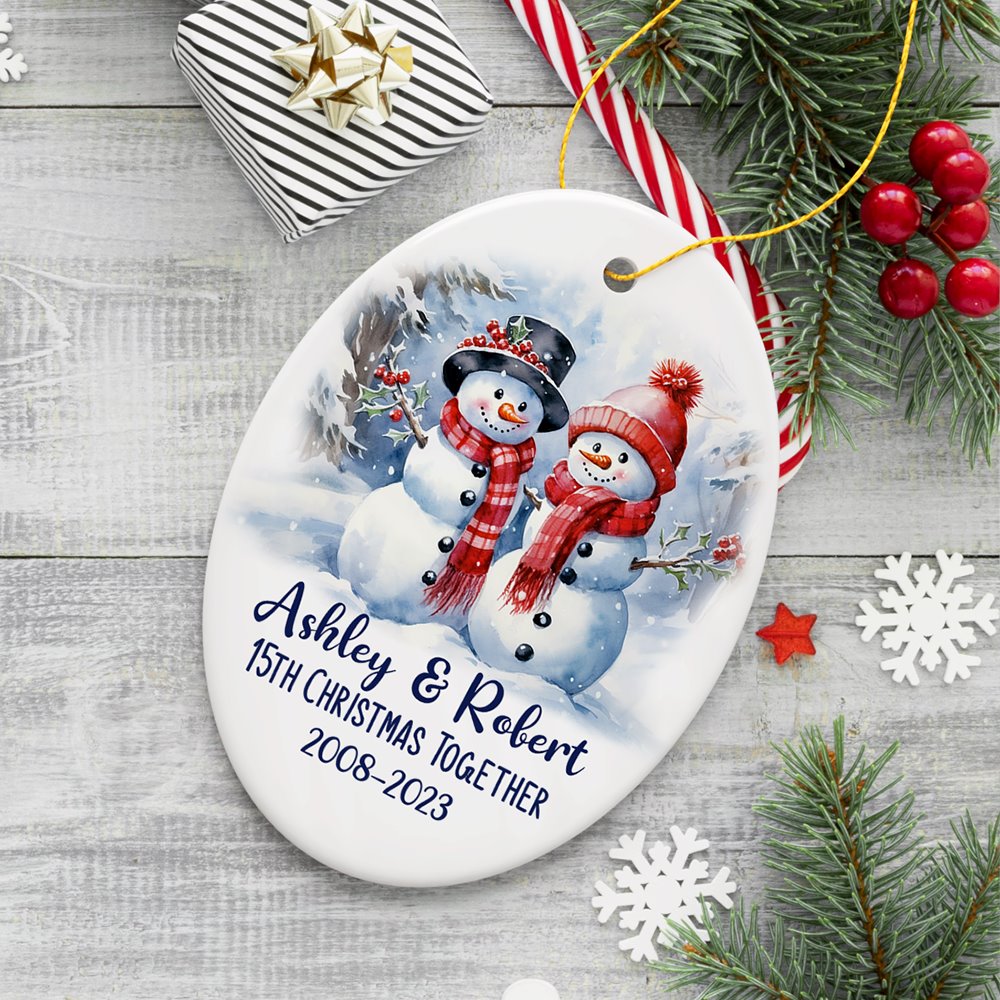 Snowy Married Couple, Watercolor Snowman Anniversary Personalized Ornament Gift Ceramic Ornament OrnamentallyYou Oval 
