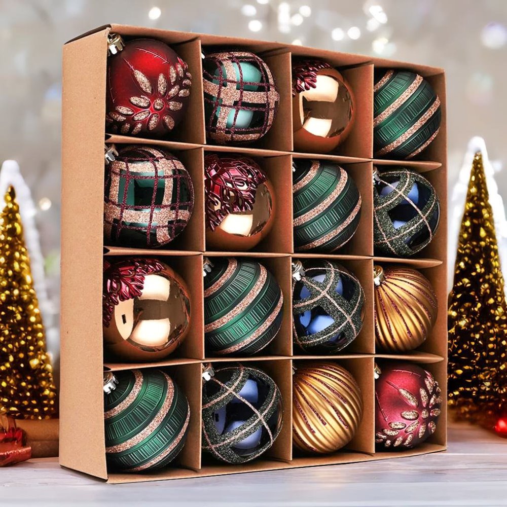 Touch of Gold Delightfully Glittered Ornament Bauble Set, Green, Blue, Bronze and Maroon 16 Piece Bundle Ornament Bundle OrnamentallyYou 