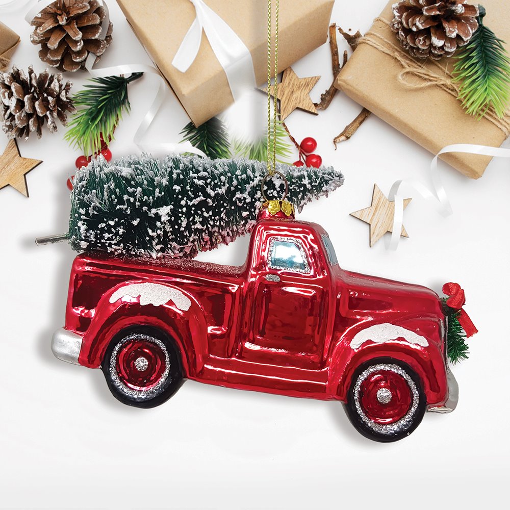 Traditional Red Truck with Ornamental Tree Glass Christmas Ornament Glass Ornament OrnamentallyYou 
