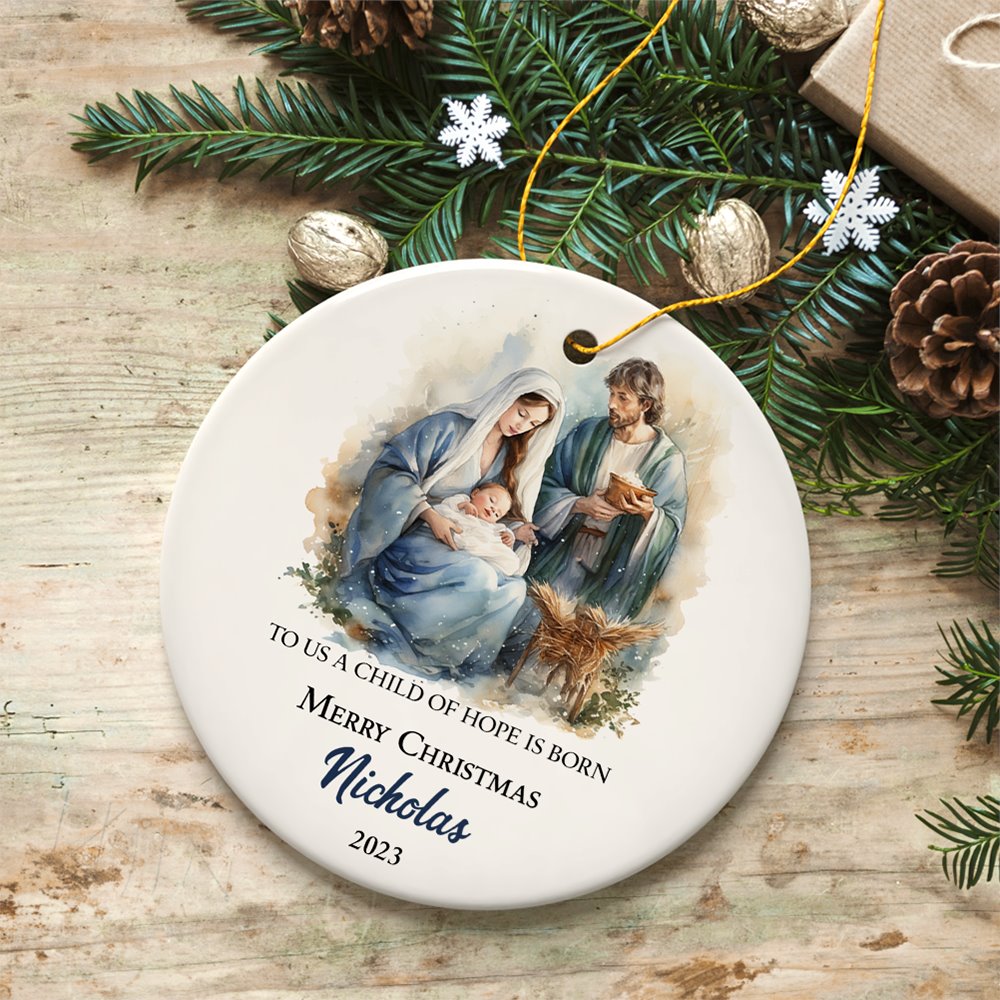 Watercolor Christmas Nativity Scene Personalized Ornament, Christian Holiday Gift Ceramic Ornament OrnamentallyYou Circle 