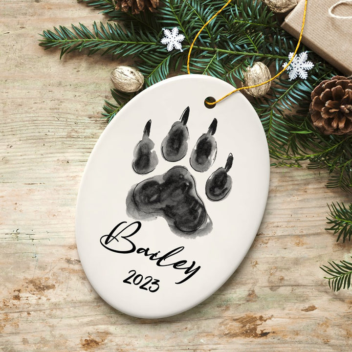 Watercolor Dog Paw Personalized Ornament With Custom Name Gift Ceramic Ornament OrnamentallyYou Oval 
