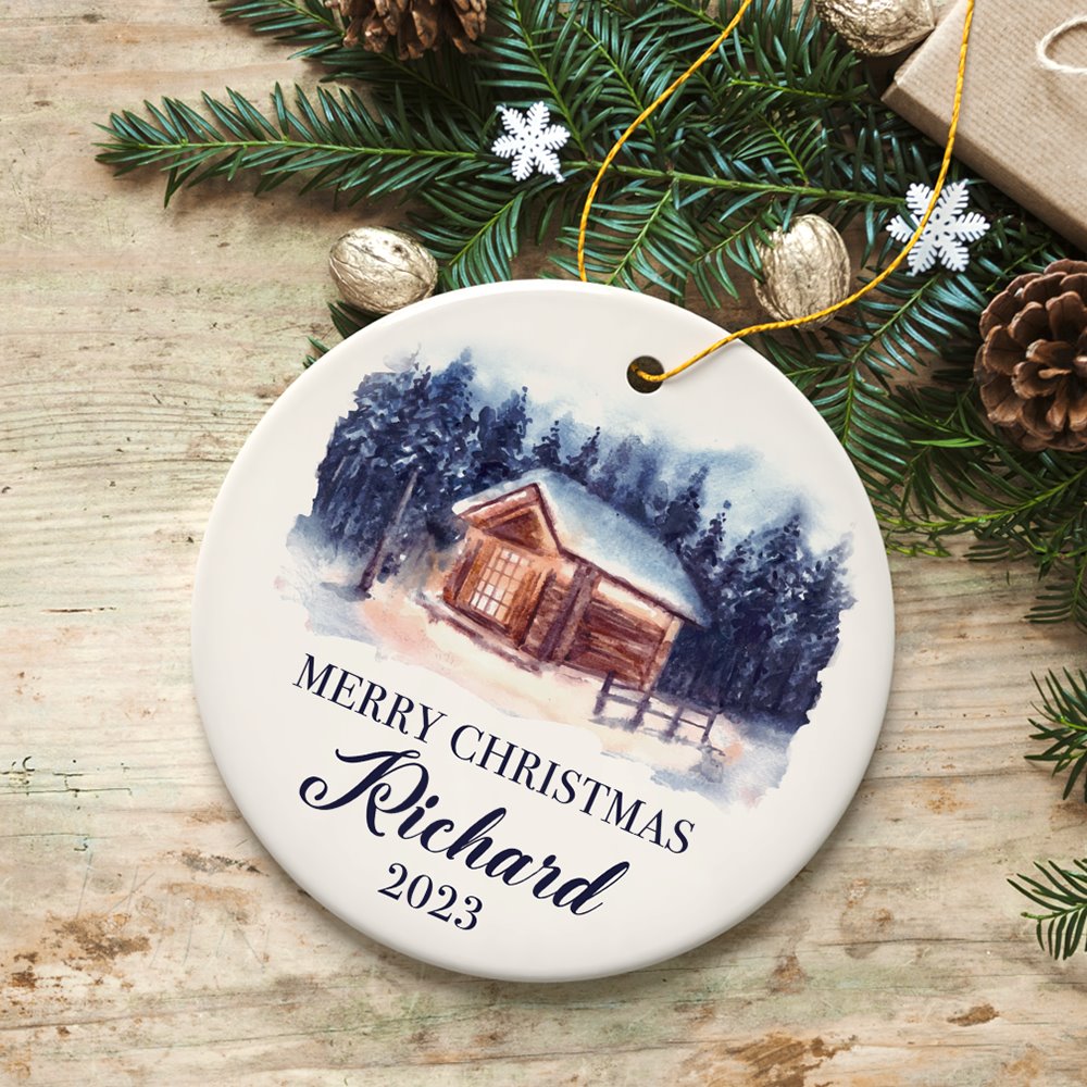 Watercolor Personalized Family Christmas Ornament, Home In The Woods Landscape Ceramic Ornament OrnamentallyYou 