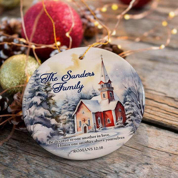 Winter Church Watercolor Art Personalized Ornament, Christmas Gift for Christian Family Ceramic Ornament OrnamentallyYou 
