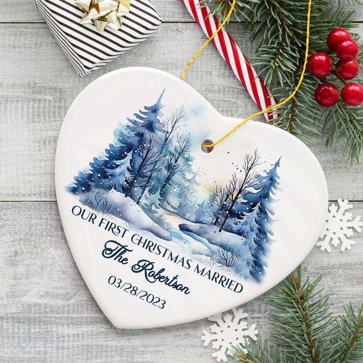 Winter Wonderland Forest Personalize Ornament, First Christmas Married Couple Gift Ceramic Ornament OrnamentallyYou Heart 