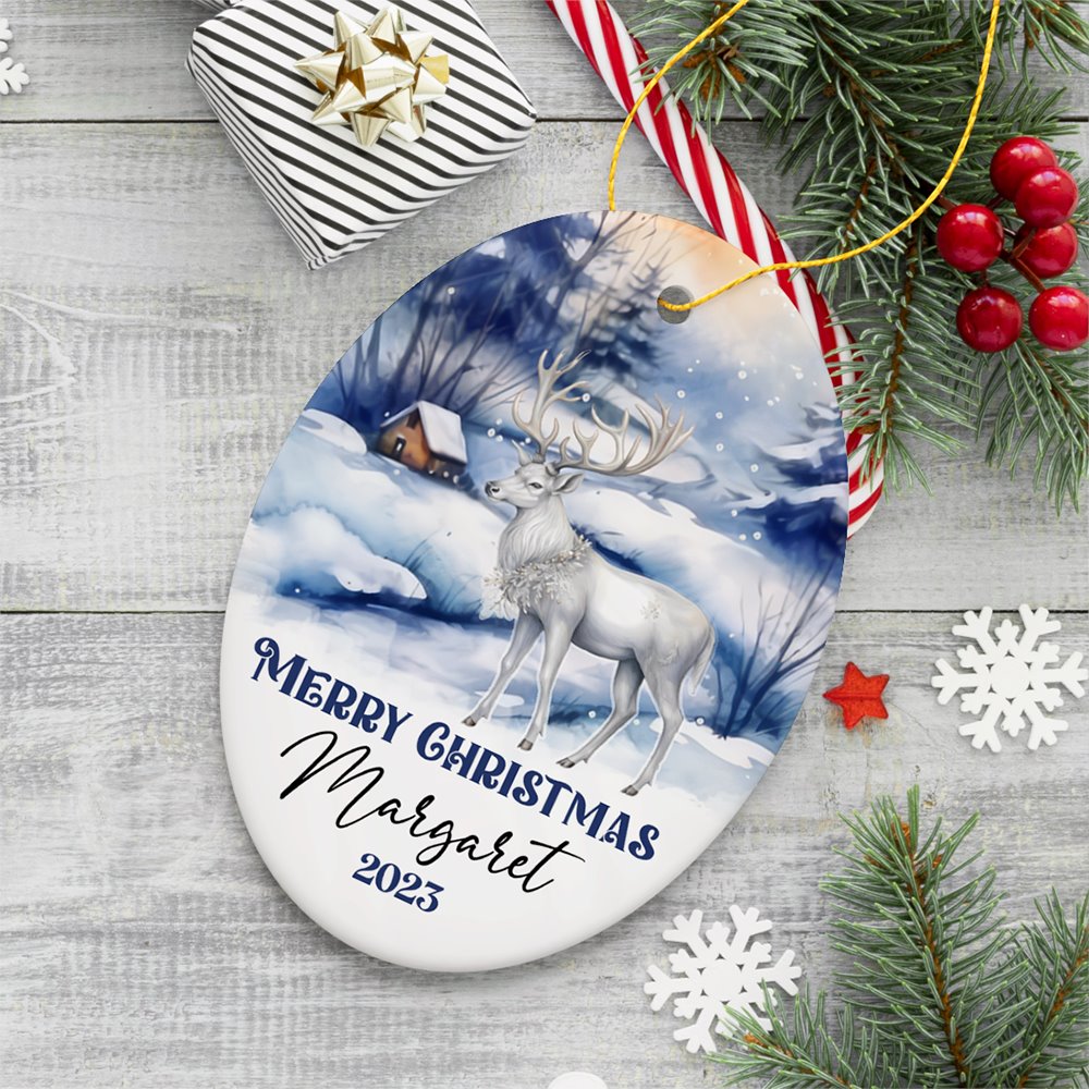 Winter Wonderland White Deer Personalized Ornament, Majestic Christmas Gift Ceramic Ornament OrnamentallyYou Oval 