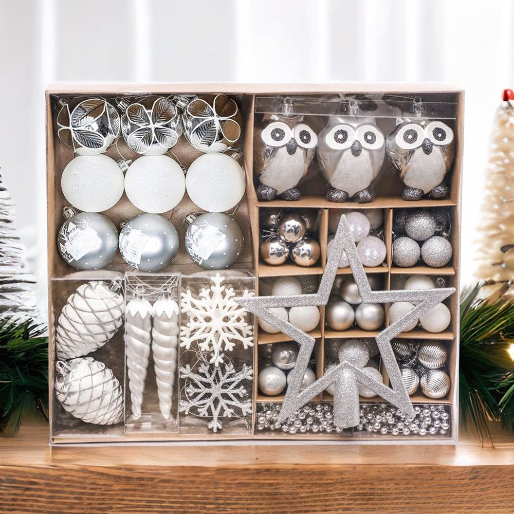 Winter Woodlands Large White and Silver Ornament Set of 90, Glittery Snow Owls, Cones, Snowflakes, and Stalactites Ornament Bundle OrnamentallyYou 