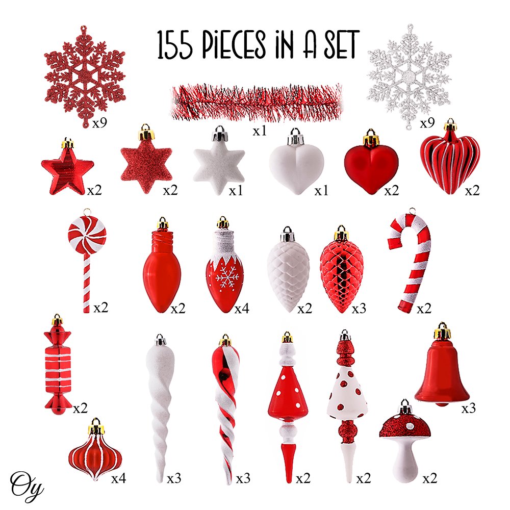 Christmas Paradise Ornament Bundle Mega Set, 155 Red and White Baubles with Many Themes Ornament Bundle OrnamentallyYou 