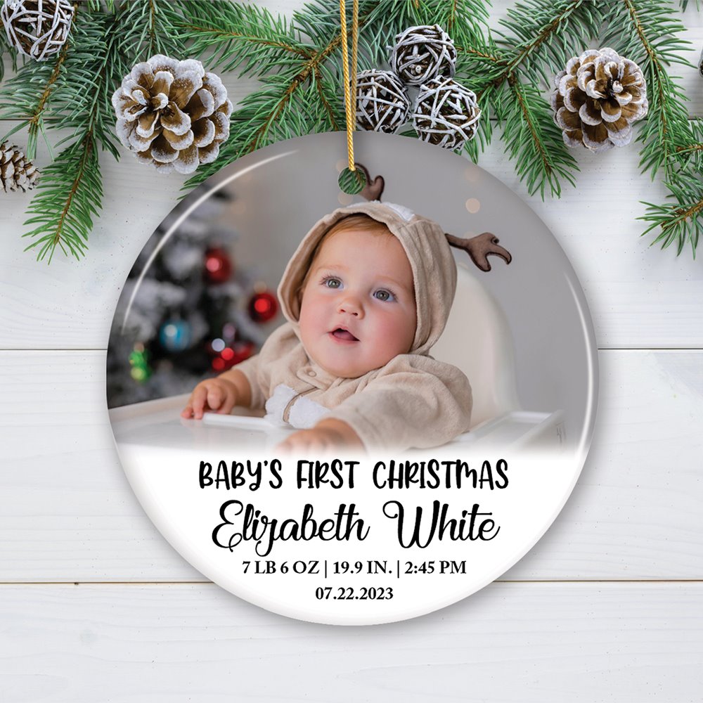 Custom Photo Baby’s First Christmas Tree Ornament, Newborn Size and Weight Ceramic Ornament OrnamentallyYou 