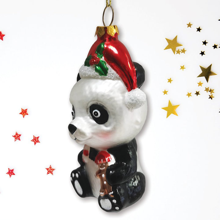 Cute Panda with Santa Hat and Gift Blown Glass Christmas Ornament Glass Ornament OrnamentallyYou 