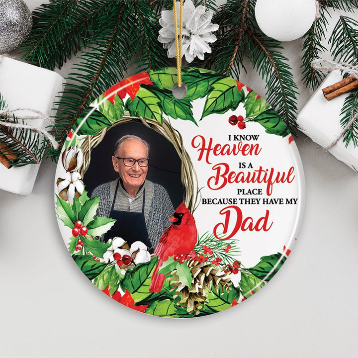 Deceased Family Wreath Portrait Personalized Ornament, Heaven is a Beautiful Place Quote with Cardinal Art Ceramic Ornament OrnamentallyYou 
