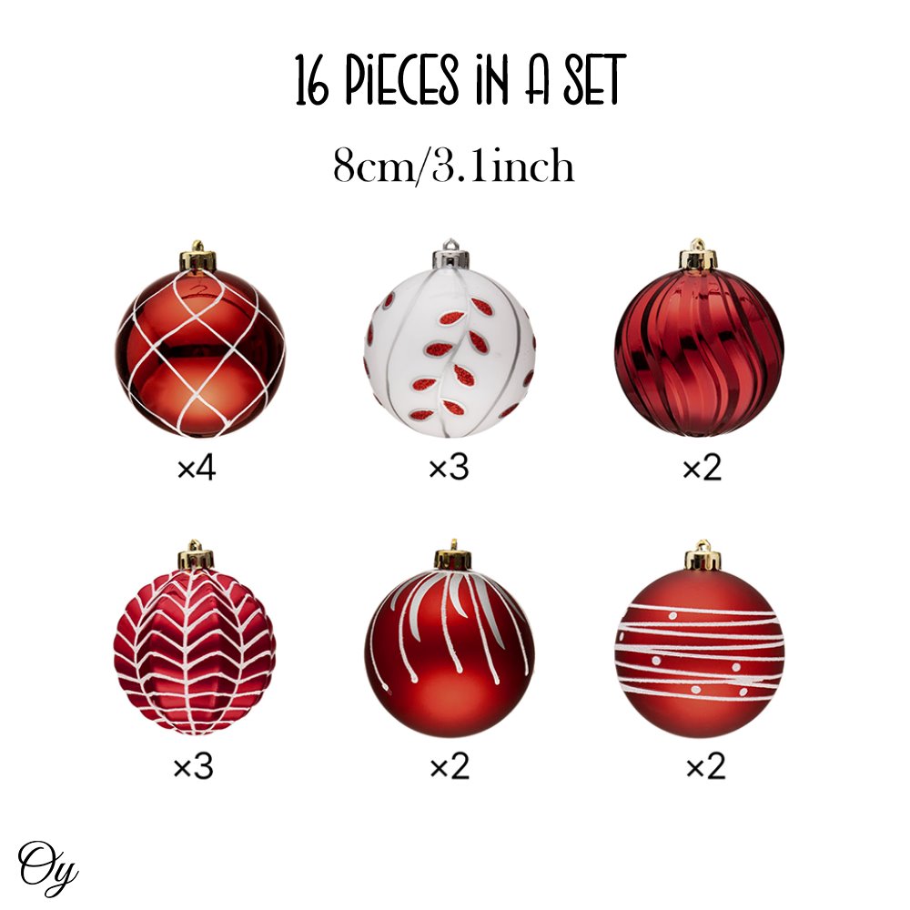 Festive Christmas Ball Set, 16 Ornaments with Varied and Refined Red Colors Packaged Ornament Bundle OrnamentallyYou 