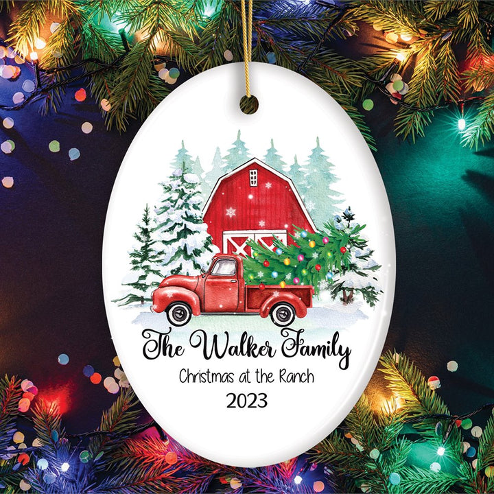 First Christmas on The Farm Personalized Ornament, Red Truck Housewarming Family Gift Ceramic Ornament OrnamentallyYou Oval 