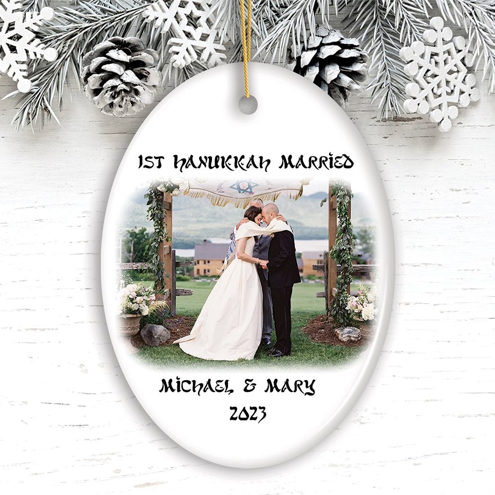 First Hanukkah Married Personalized Photo Ornaments, Engagement Gift Ceramic Ornament OrnamentallyYou Oval 