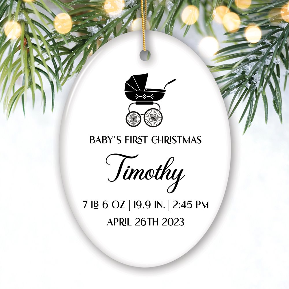 Fully Detailed Baby’s First Christmas Personalized Ornament with Weight and Birth Year Ceramic Ornament OrnamentallyYou Oval 