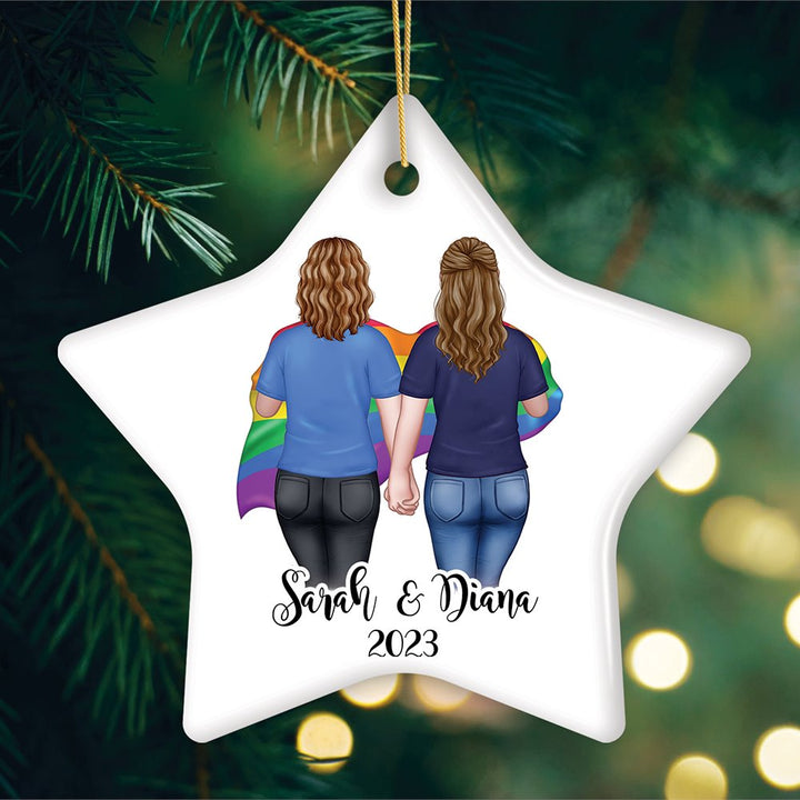 Gay Pride Women Couple with Rainbow Flag Personalized Christmas Ornament, LGBT and Lesbian Activism Ceramic Ornament OrnamentallyYou Star 