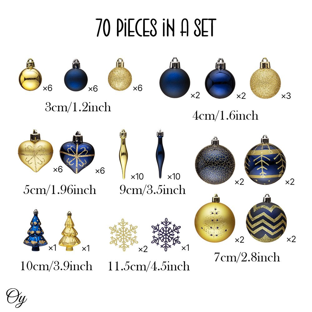 Glam and Glittered Gold and Blue Elegant Christmas Ornament Set, 70 Assorted Balls, Trees, Snowflakes, and Royal Heart Pendants Ornament Bundle OrnamentallyYou 