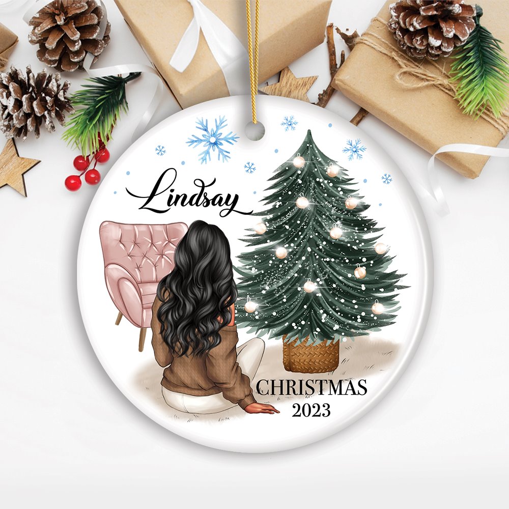 Lovely Women’s Customizable Christmas Ornament Gift, Personalized Hair, Name, and Outfit Ceramic Ornament OrnamentallyYou 