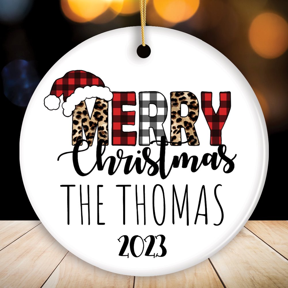 Merry Christmas Leopard Buffalo Plaid Personalized Ornament, Holiday Family Gift Ceramic Ornament OrnamentallyYou Circle 