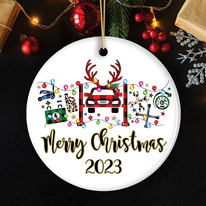 Personalized Automotive Technician Plaid Christmas Ornament, Mechanic Repair and Parts Gift for Shop Ceramic Ornament OrnamentallyYou Circle 