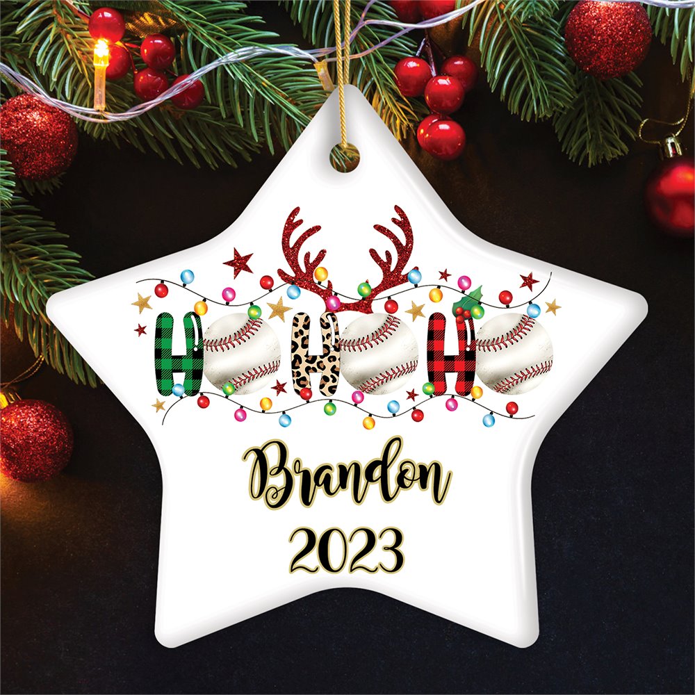 Personalized Baseball Buffalo Plaid and Leopard Christmas Ornament, Ho Ho Ho Football Gift Ceramic Ornament OrnamentallyYou Star 