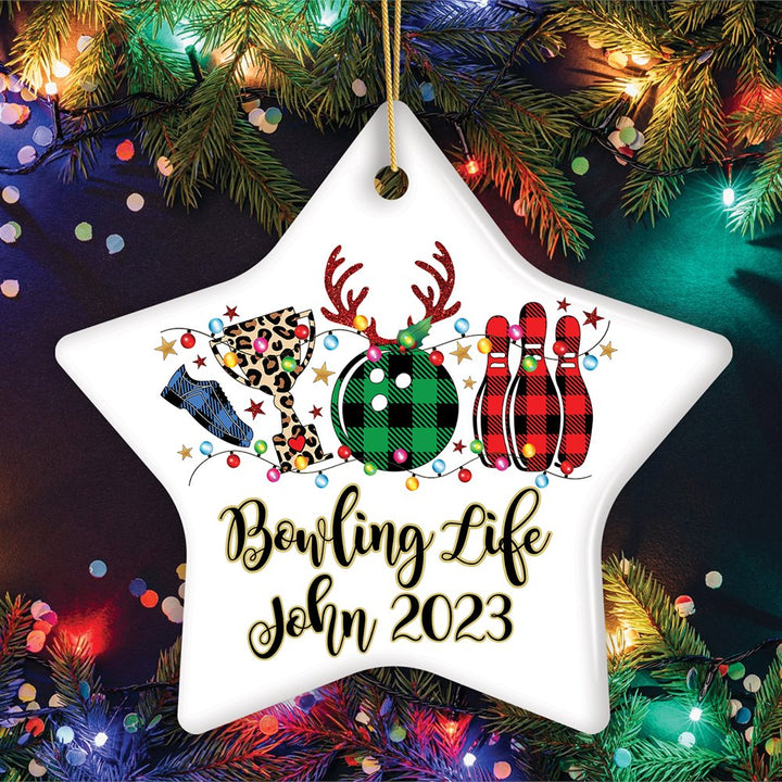 Personalized Bowling Buffalo Plaid Leopard Christmas Ornament, Ball Pins and Trophy Ceramic Ornament OrnamentallyYou Star 