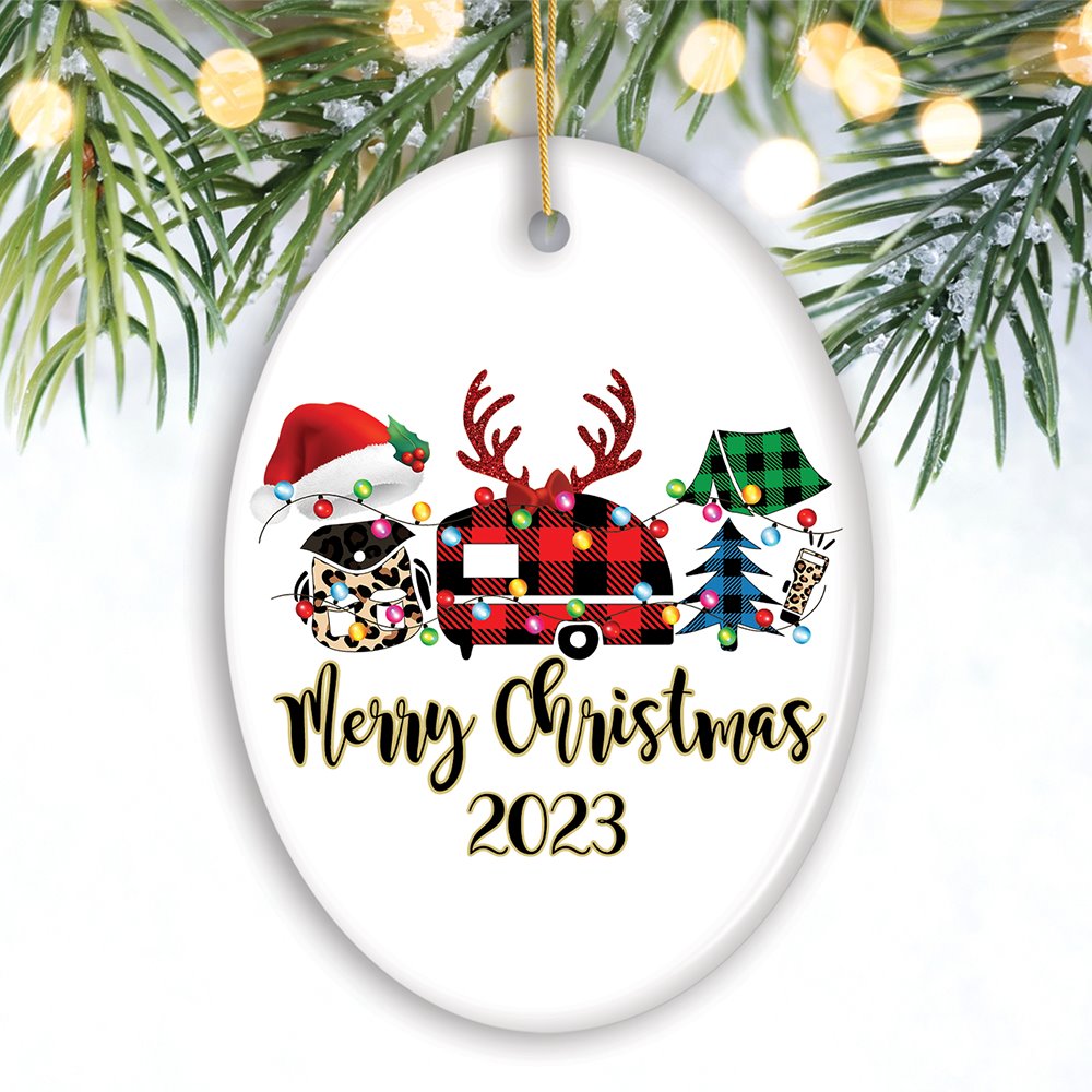Personalized Camp Buffalo Plaid Leopard Merry Christmas Ornament, Camping Friends Gift Ceramic Ornament OrnamentallyYou Oval 