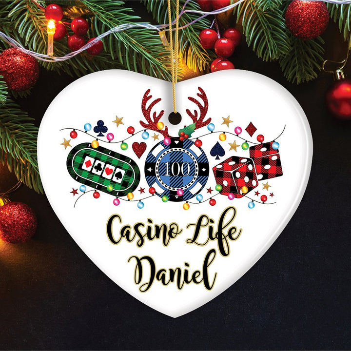 Personalized Casino Buffalo Plaid Christmas Ornament, Poker and Dice, Player and Staff Gift Ceramic Ornament OrnamentallyYou Heart 
