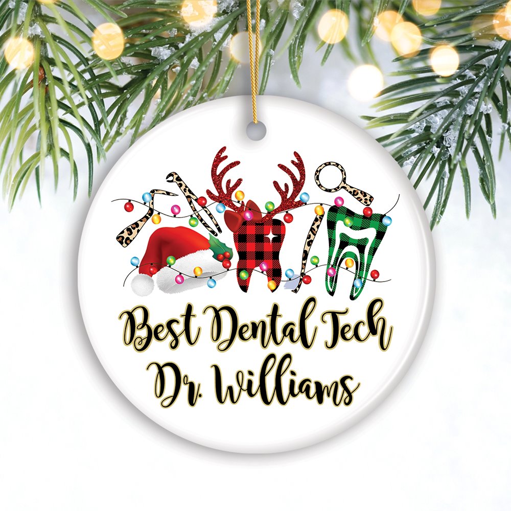 Personalized Dentist Buffalo Plaid Leopard Merry Christmas Ornament, Dental Gift Ceramic Ornament OrnamentallyYou Circle 