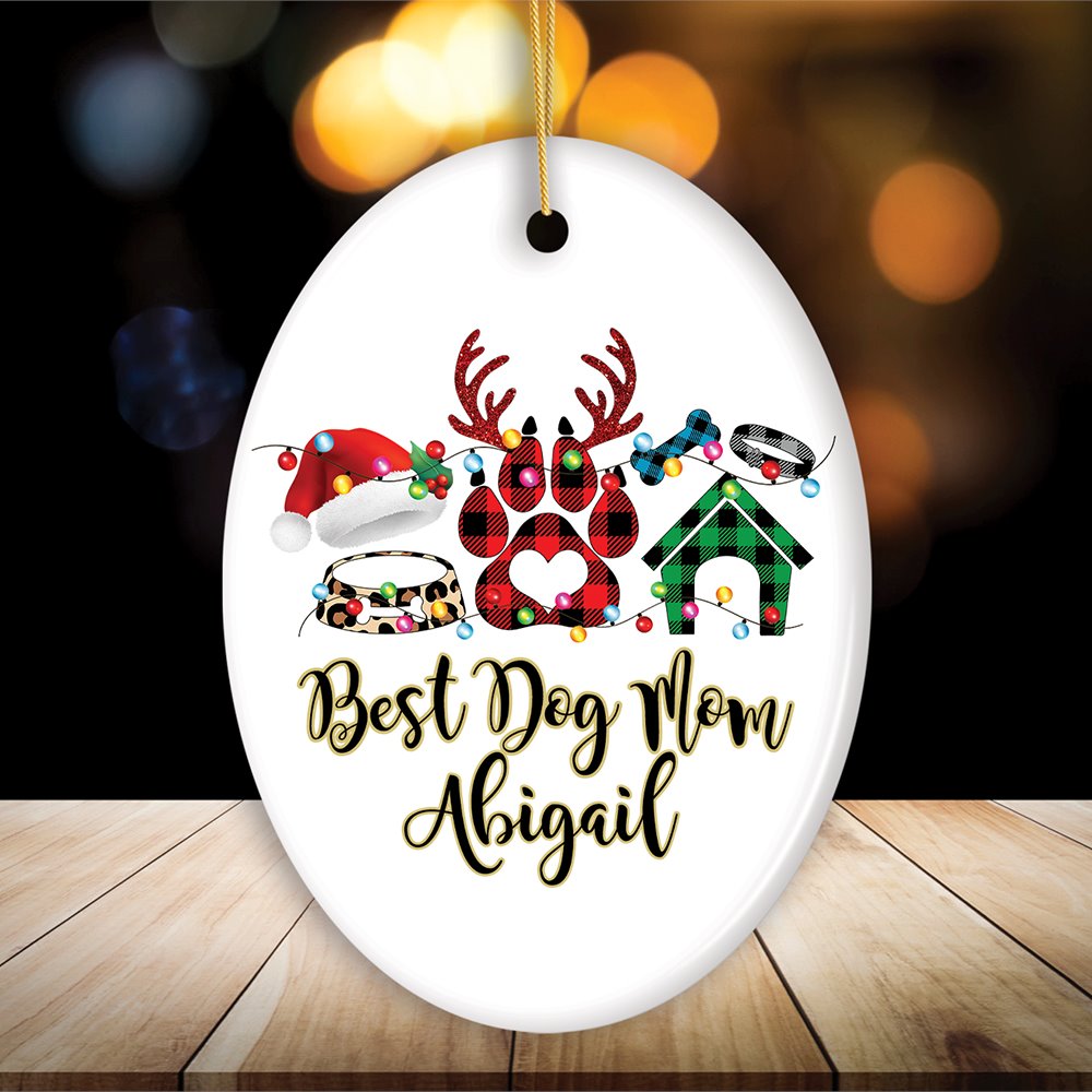 Personalized Dog Buffalo Plaid Leopard Merry Christmas Ornament, Dog Mom Gift Ceramic Ornament OrnamentallyYou Oval 