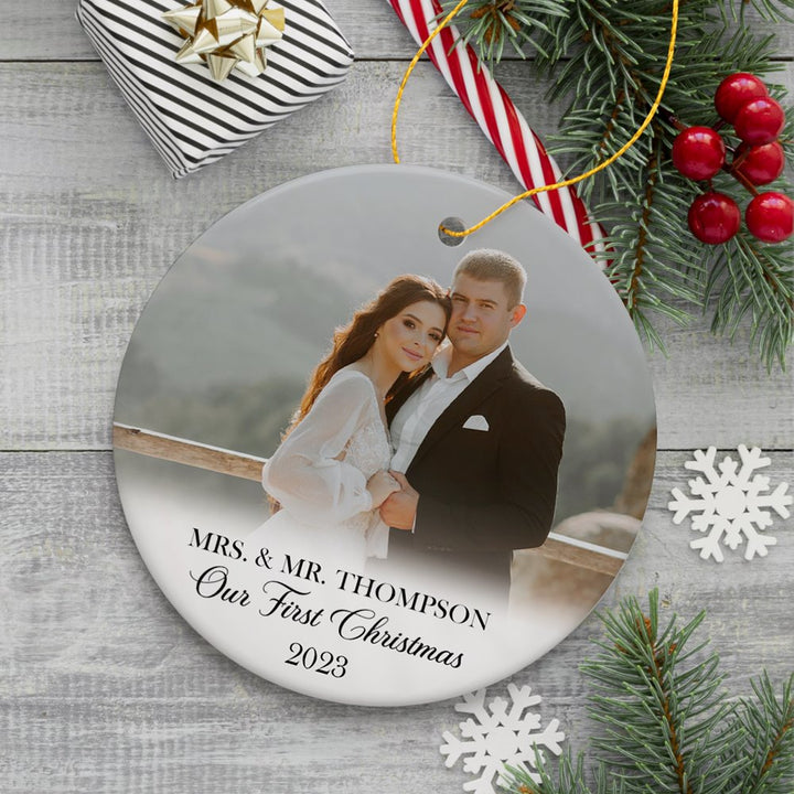 Personalized Engagement Photo Ornament, First Christmas Married, Marriage Ceremony Gift Ceramic Ornament OrnamentallyYou 