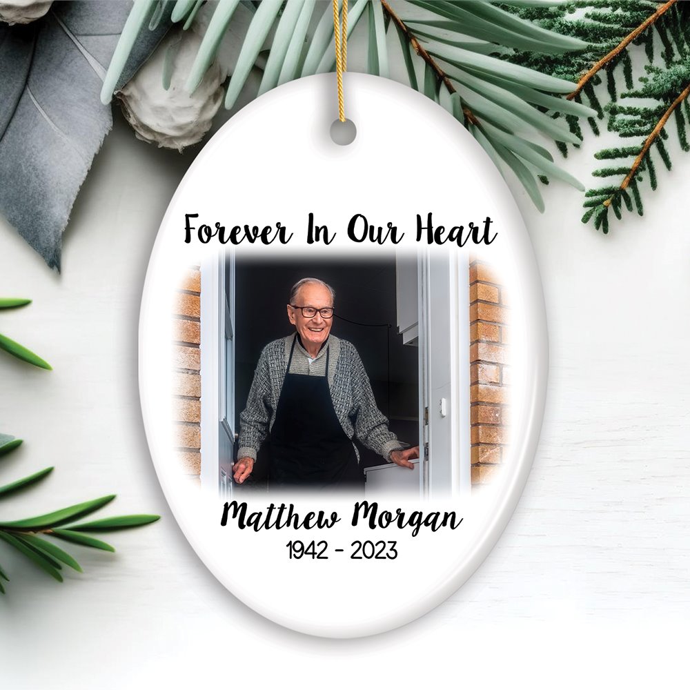 Personalized Memorial Photo Upload Ornament, In Loving Memory Death of a Loved One Ceramic Ornament OrnamentallyYou Oval 