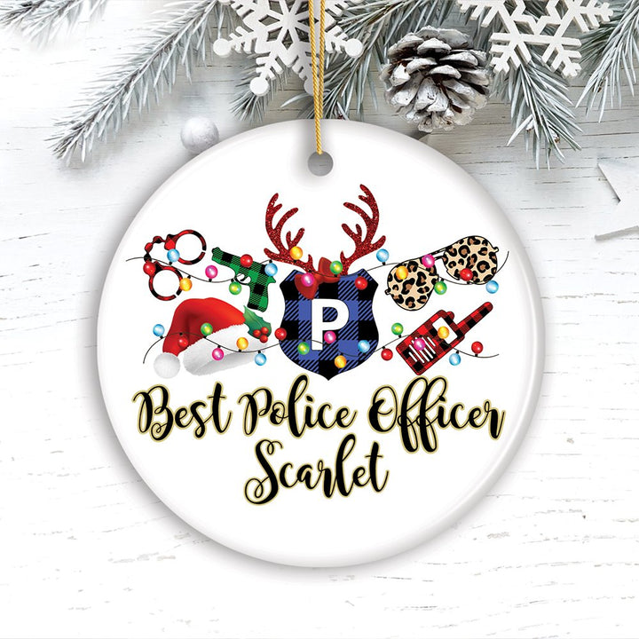 Personalized Merry Christmas Plaid Police Officer Christmas Ornament Ceramic Ornament OrnamentallyYou Circle 