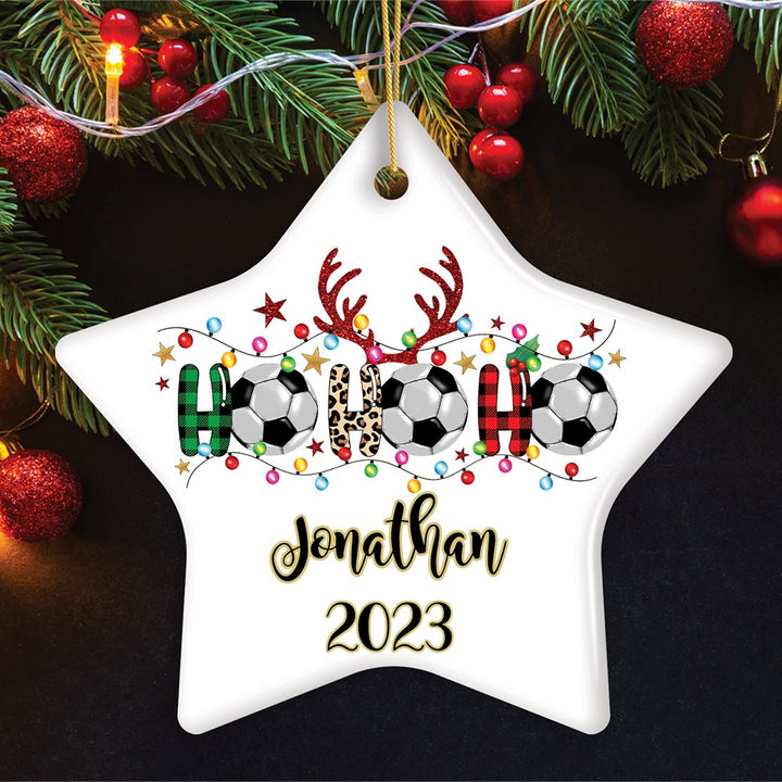 Personalized Soccer Buffalo Plaid and Leopard Christmas Ornament, Ho Ho Ho Football Gift Ceramic Ornament OrnamentallyYou Star 