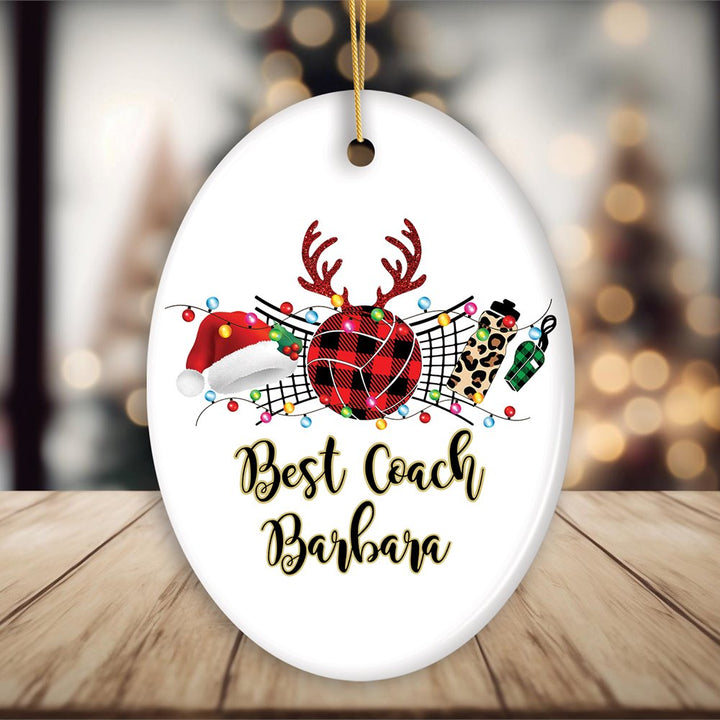 Personalized Volleyball Buffalo Plaid Leopard Merry Christmas Ornament, Team and Coaches Gift Ceramic Ornament OrnamentallyYou Oval 
