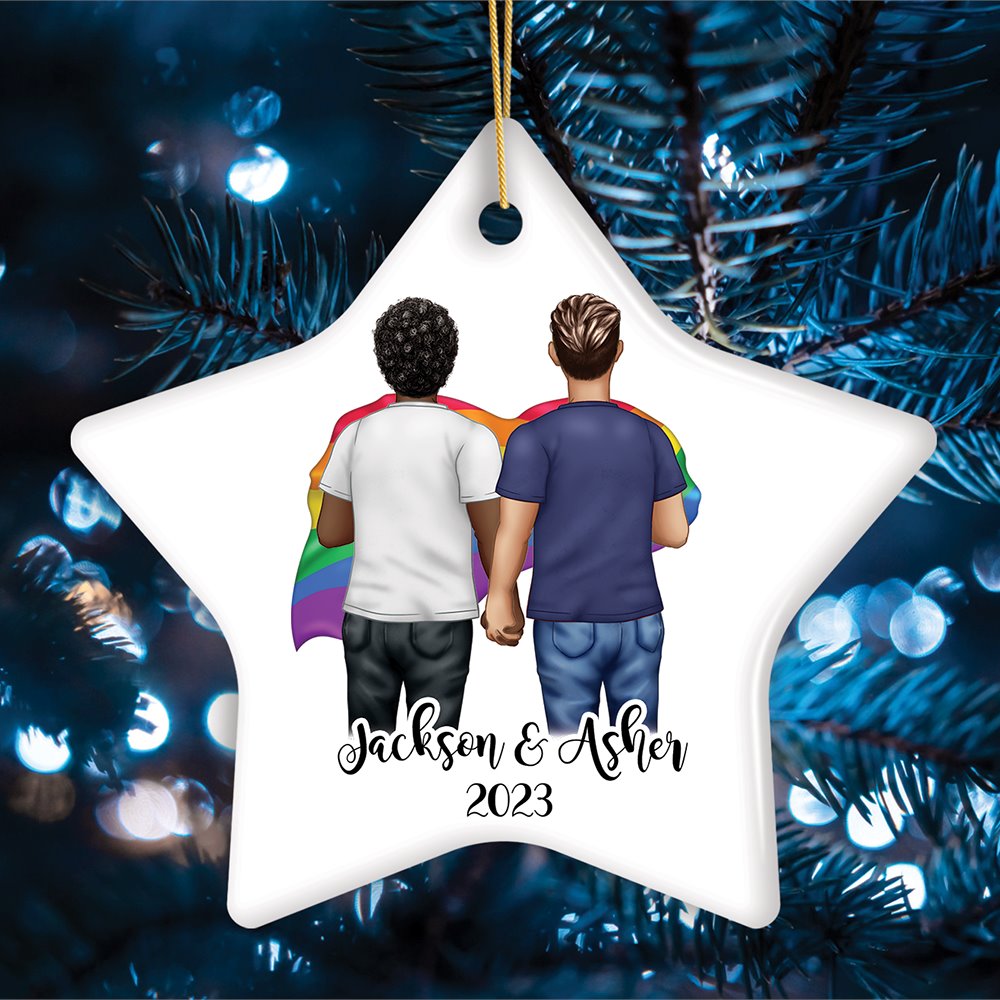 Pride Mens Couple Rainbow Flag Customized Christmas Ornament, LGBT and Gay Activism Ceramic Ornament OrnamentallyYou Star 