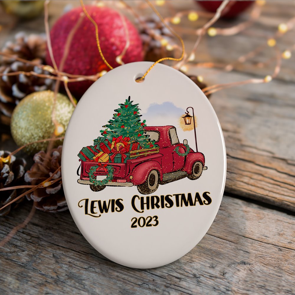 Vintage Red Truck Personalized Ornament, Christmas Keepsake Family Gift Ceramic Ornament OrnamentallyYou Oval 
