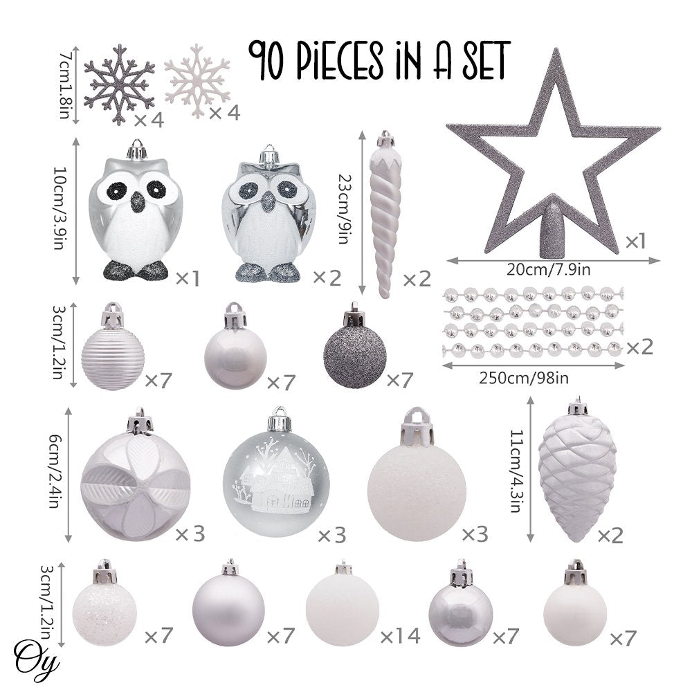 Winter Woodlands Large White and Silver Ornament Set of 90, Glittery Snow Owls, Cones, Snowflakes, and Stalactites Ornament Bundle OrnamentallyYou 