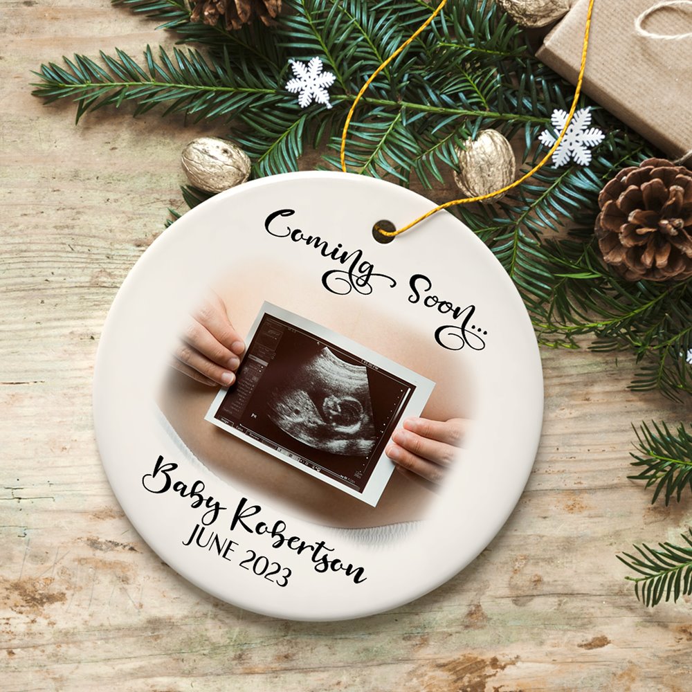 Baby Coming Soon Pregnant Mother Custom Photo Ornament, Personalized Pregnancy Announcement Sonogram Gift Ceramic Ornament OrnamentallyYou 