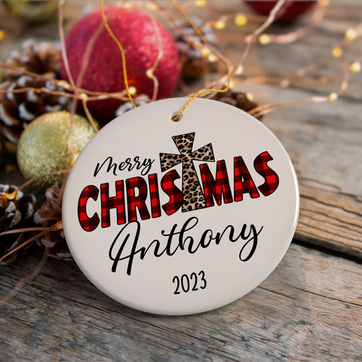 Christian Christmas Buffalo Plaid Personalized Ornament, Holiday Family Gift Ceramic Ornament OrnamentallyYou Circle 