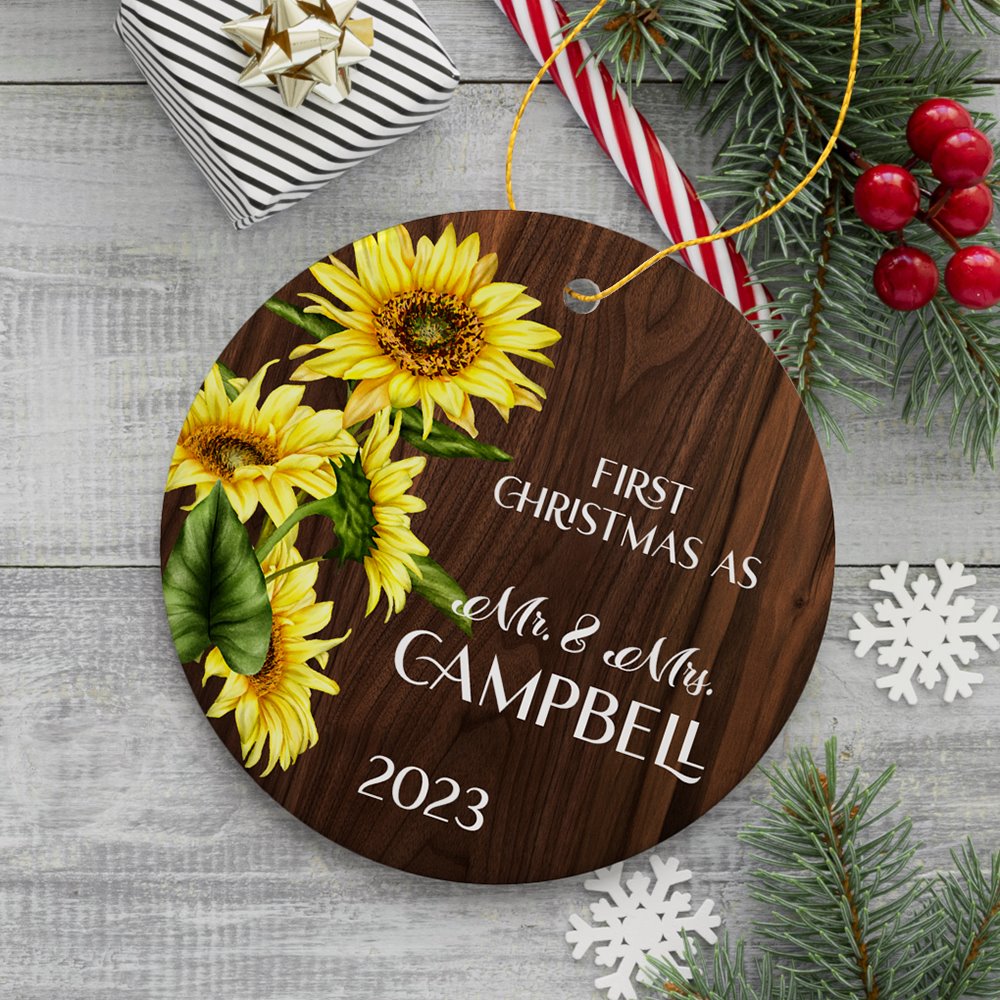 First Christmas as Mr and Mrs Rustic Sunflower Personalized Christmas Ornament, Wedding Couple Gift Ceramic Ornament OrnamentallyYou 