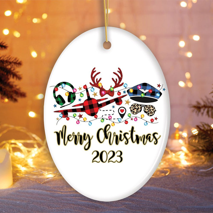 Personalized Airplane Pilot Buffalo Plaid Christmas Ornament, Flight Aircraft Crew Gift Holiday Decoration Ceramic Ornament OrnamentallyYou Oval 